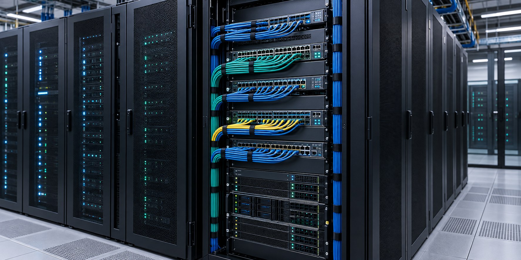 Sala de servidores con racks alineados y cableado estructurado